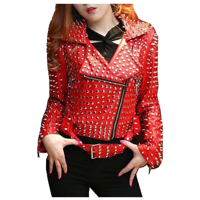 Women Red Jacket Full Heavy Metal Black Spiked Jacket Tonal Studded Punk Real Leather Jacket